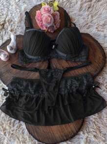 Lingerie With Bra Panties And Mini Skirt Thong And Skirt Sensual Lingerie Set With Madonna Cup - 黑色 - 查看 1