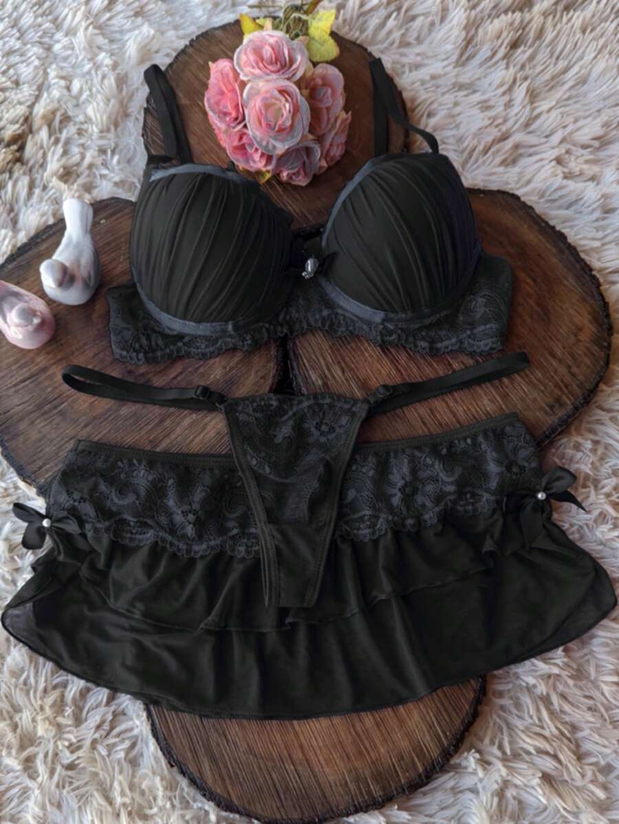 Lingerie With Bra Panties And Mini Skirt Thong And Skirt Sensual Lingerie Set With Madonna Cup - 黑色 - 查看 1