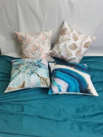 1 件拉链短毛绒抱枕套，简约田园风格绿叶印花枕套，适用于室内沙发