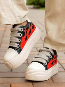 Fashion Flat Platform Women Sneakers Black Round Toe Embroidery Ladies Ankle Boots Lace Up Thick Sole Vulcanized Shoes Goth Punk Rock Designer Sport Flame Shoes - Đỏ - Xem 4