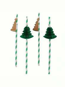 6/12 piezas Pajitas decorativas navideñas, pajitas de papel de panal con diseño de árbol de Navidad y estrella dorada, para fiestas y celebraciones festivas