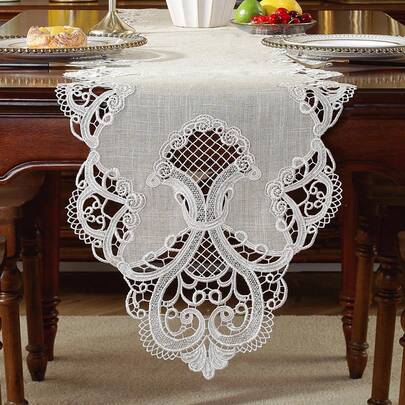 1pc Polyester Linen Embroidered Cutwork Lace Tablecloth, Dust-Proof Decorative Table Runner For Kitchen, Dining Table, Cabinet, Desk, Coffee Table, Vanity, Home Decor, Family Gathering, Holiday Decoration, Indoor & Outdoor Use