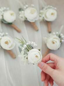 6枚白色玫瑰胸针组合套装，配迷你珠子，适合婚礼装饰、正式场合、周年纪念日。情人节配饰。 - 白色 - 查看 3