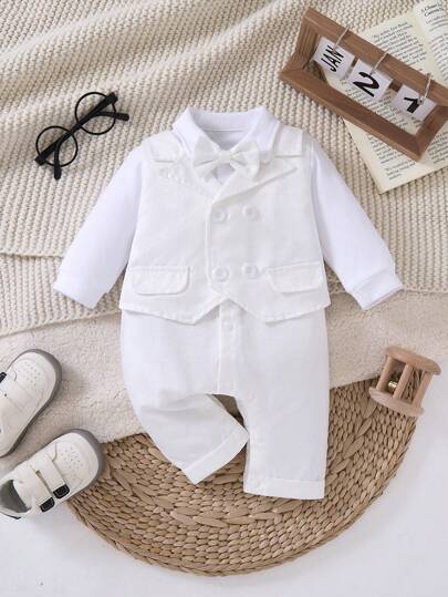 Baby Boys White Long Sleeve Gentleman Bow-Tie Christening Romper, Autumn, For Christmas