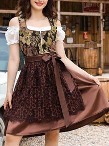Yesfashion Women 3 Pieces Bavarian Oktoberfest Costumes Traditional Vintage German Dirndl Dress - 棕色 - 查看 3