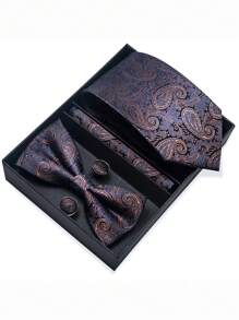 AlanKing 1 套棕色佩斯利领带、领结、口袋巾、袖扣男士礼品套装、西装配饰 - 混色 - 查看 1