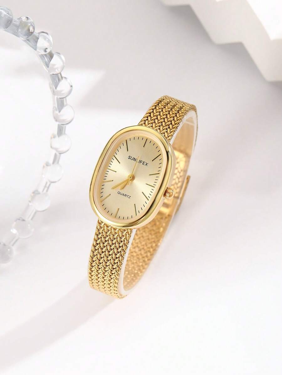 复古椭圆形手表，精致小表盘，时尚女士设计，小麦表带 - 金色 - 查看 1