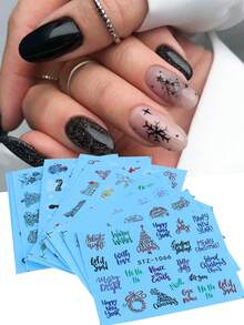 Bộ 16 miếng dán móng tay nghệ thuật Giáng sinh tối giản, bao gồm các họa tiết như cây thông Noel, bông tuyết đen, tuần lộc, ông già Noel, chuông, cây thông, nai sừng tấm, dùng để trang trí móng tay. - Nhiều màu - Xem 2