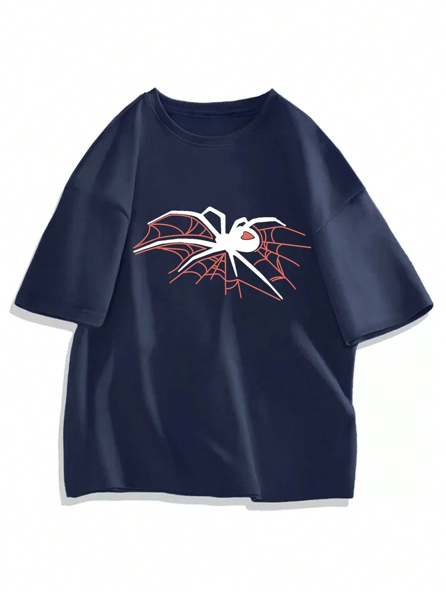 Camiseta de hombro caído con estampado de araña, para Halloween - Azul Marino - Ver 1