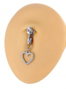1pc Heart-Shaped Non-Piercing Fake Belly Button Ring, Fashionable Body Jewelry Gift Suitable For Any Occasion - Silver - View 5