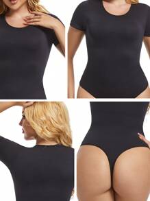 1 pieza Body negro sin costuras para mujer con escote de cuello y manga corta, sexy body-tanga