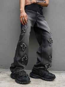 Grunge Goth Y2K Style Men's Cargo Pants With Pentagram Patch, Straight Leg Pockets, Casual Loose Fit Streetwear Jeans - Black - View 4