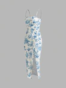 Floral Print Ruched Bodycon Slit Cami Dress, Elegant For Spring/Summer, Valentine's Day, Everyday Wear, Party - Blue and White - View 2