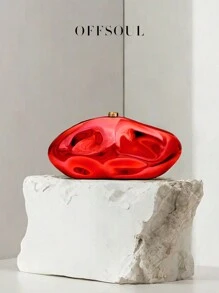 雕塑金属手拿包，新时尚欧美镂空精致晚宴包，金属个性明星派对链条单肩斜挎包，优雅女士手拿包 - 玫瑰紅 - 查看 1