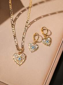 时尚个性化镀铜锆石恶魔之眼和心形吊坠项链耳环套装，女士三件套首饰套装 - 彩色 - 查看 1