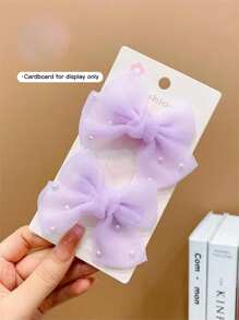 2pcs Girls' Multi-Color Faux Pearl Decor Bow Hair Clips - Purple - View 4