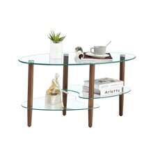Transparent Oval Glass Coffee Table, Modern Table In Living Room Oak Wood Leg Tea Table 3-Layer  Glass Table Ckonson9