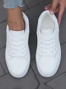 Giày thể thao nữ đế thấp mũi tròn thoải mái, thoáng khí, thoáng khí, dễ phối đồ, phong cách đại học, màu trắng - Trắng - Xem 3