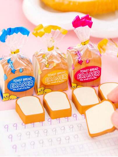 3个可爱卡通吐司橡皮擦，擦拭干净，透明带香味，适合小学生、幼儿园奖励和礼物，款式随机