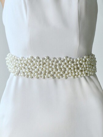 1 st Faux Pearl Utsmyckad Bröllopsskärp, Dammode tunn chiffong midjebälte, Bröllopsfestklänning Accessoar Halloween