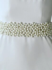 Faixa de noiva com aplicações de pérolas artificiais (1 peça), cinto fino de chiffon para cintura, acessório elegante para vestido de festa de casamento. Ideal para o Dia dos Namorados. - Branco - Ver 4