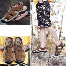 Sports Outdoor Sandals Summer Men's Beach Shoes Closed-Toe Shoes Leather Casual Trekking Walking Hiking Touch Close Strap Sandals For Men - Brown - View 7