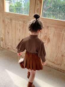 小女童高領羊腿袖卡通圖案T恤 - 紅木色 - 查看 2