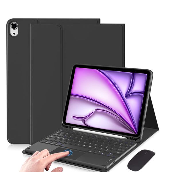Keyboard Case With Mouse Compatible With Samsung Galaxy Tab / IPad / Redmi Pad Se, With Detachable And Rechargeable Touchpad Bluetooth Keyboard(280mAh) , Case With Pencil Holder (Black)