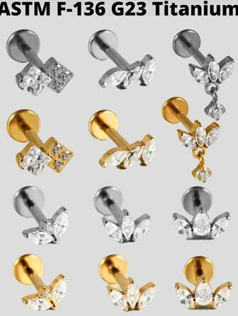 1 件马眼形锆石 G23 纯钛耳钉 16G 内螺纹三锆石螺旋 Cz 花形耳屏穿孔珠宝