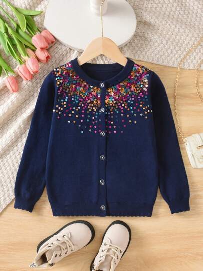 Ung flicka Elegant färgglad paljett rundhalsad stickad cardigan, lämplig för vardags-/semesterkläder, vår/höst/vinter