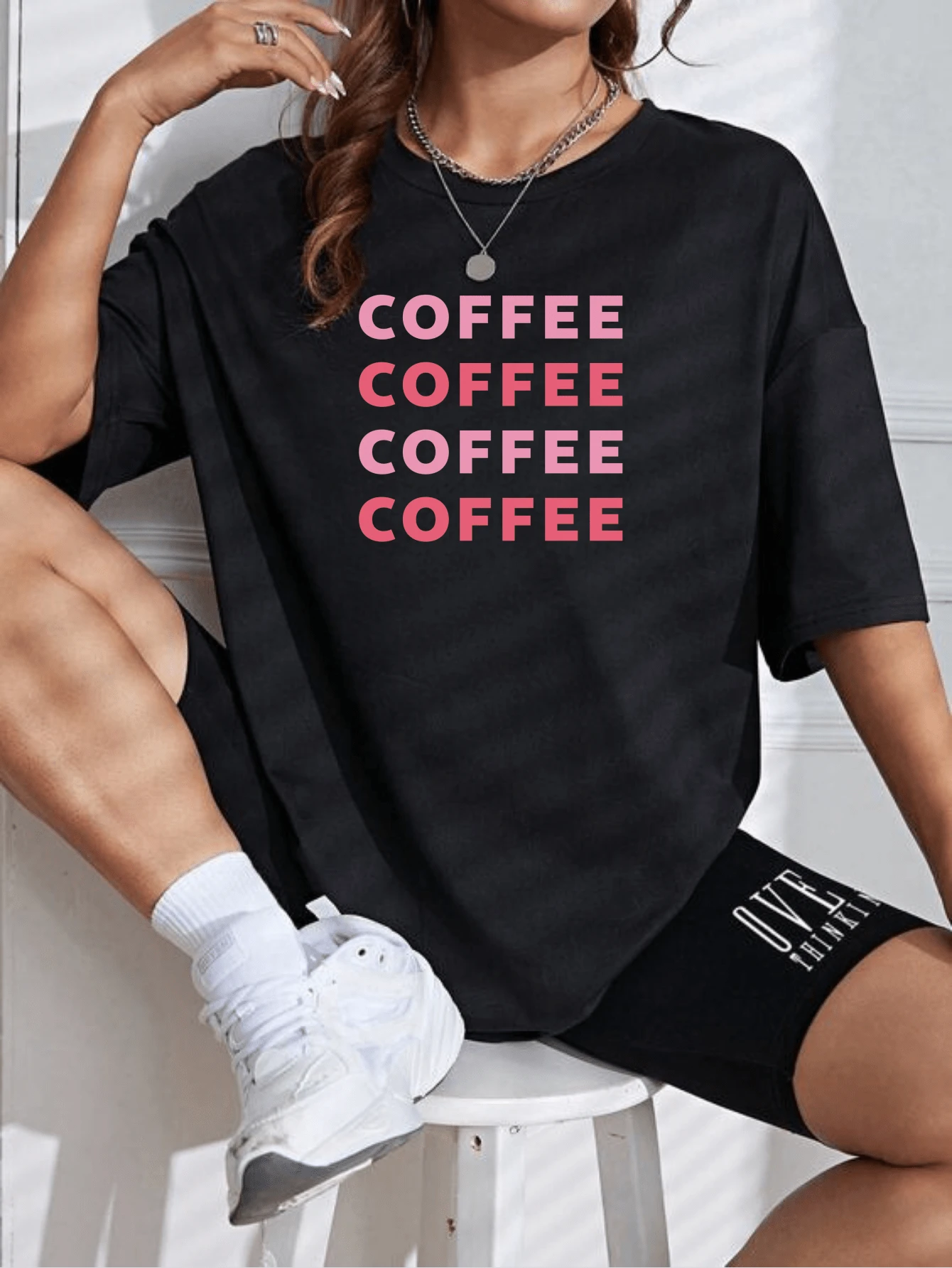 Oversized Streetwear T-Shirt Coffee Print 100% Cotton - màu đen - Xem 1