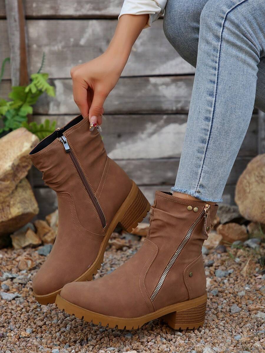 Western Stiefeletten Damen - Retro Stiefel Mit Blockabsatz & Reißverschluss