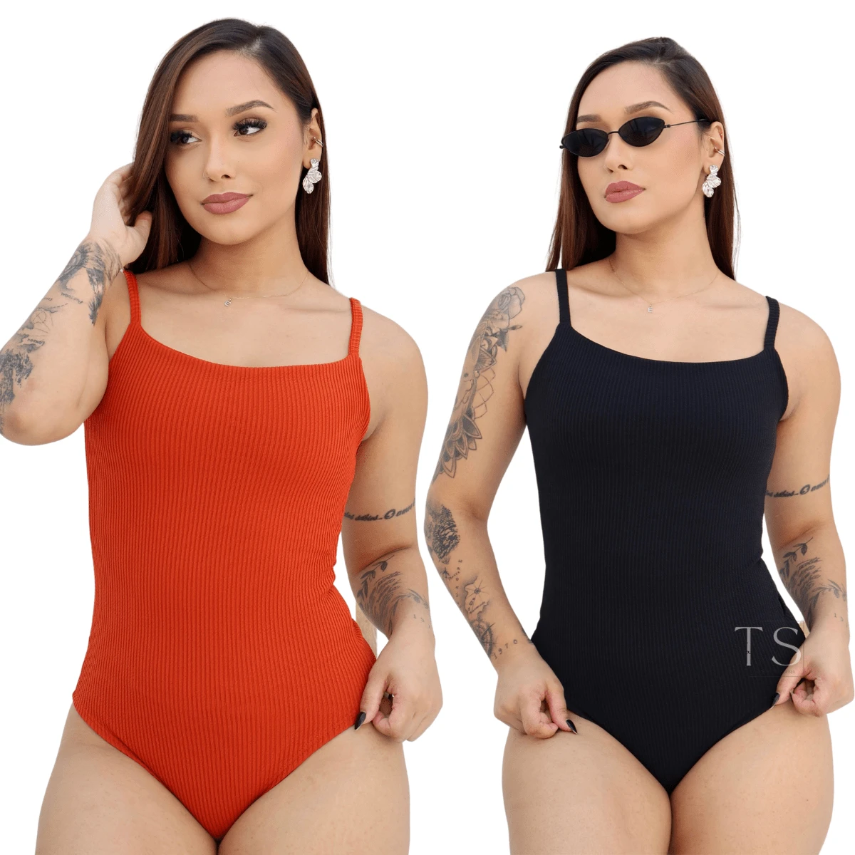 KIT 2 Women's Bodysuit With Thin Straps Premium Ribbed Terrycloth Straps - BLACK aND TERRACOTTA - View 1