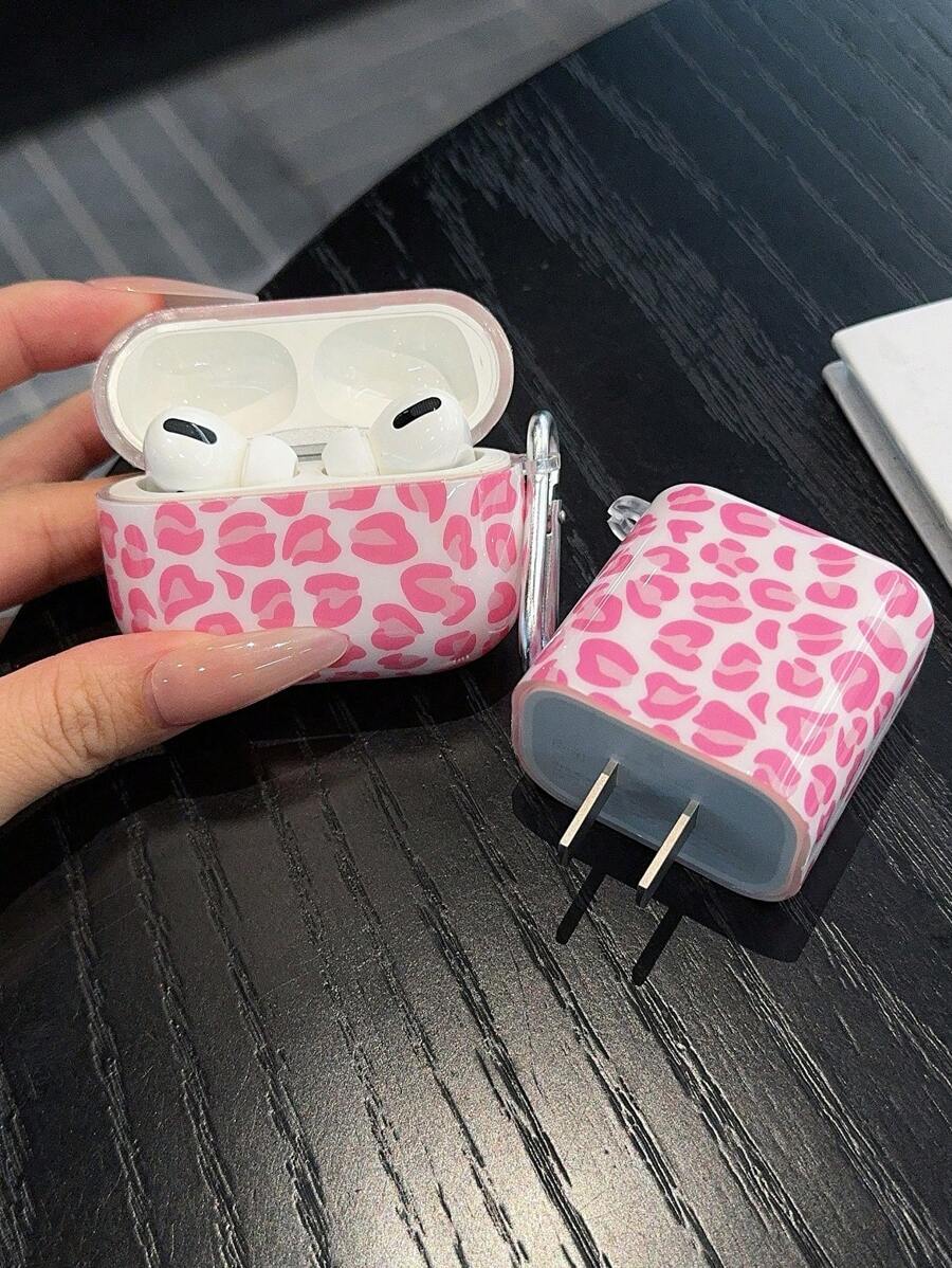 1PC Leopard Print Earphone Case + 1pc Leopard Print 18W/20W Charger Head Protector Compatible With AirPods 1/2/3 Earphones, AirPods Pro 2 Sets - Pink - View 1