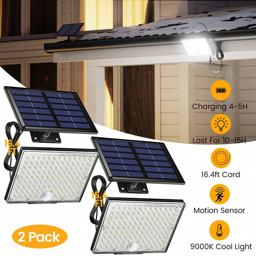 2 Pack 113 Bright LEDs Solar Outdoor Lights,7000K Cool White Lights With Motion Sensor, Solar Flood Lights Dusk To Dawn,16ft Extension Cable, IP65 Waterproof Security Lights For Patio Garden Barn Porch - 黑色 - 查看 1