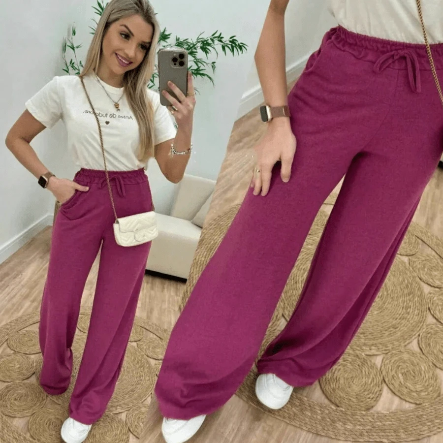 Women's High-Waisted Lace-Up Palazzo Pants With Pockets - 中紫紅色 - 查看 1