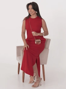 Women's Long Basic Dress, Scoop Neck, 100% Cotton, Plain - Đỏ - Xem 1