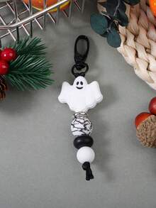 1pc Halloween Ghost Silicone Skull Print Beaded Keychain, ID Card, Lanyard, Bag Charm, Wristlet Key Ring, Halloween Christmas Gift Ideas Bag Lanyards With Id Holder Car Accessories Bag Charms