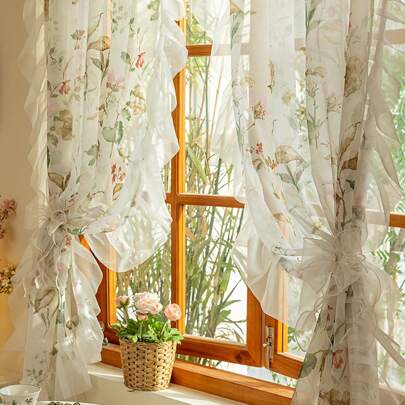 2pcs Vintage Camellia Flower & Ruffle Sheer Curtains, French Romantic Farmhouse Style Versatile Window Drapes For Living Room, Balcony, Bedroom And Sliding Door