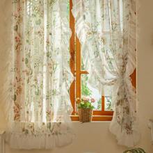 2pcs Vintage Camellia Flower & Ruffle Sheer Curtains, French Romantic Farmhouse Style Versatile Window Drapes For Living Room, Balcony, Bedroom And Sliding Door