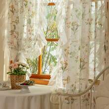 2pcs Vintage Camellia Flower & Ruffle Sheer Curtains, French Romantic Farmhouse Style Versatile Window Drapes For Living Room, Balcony, Bedroom And Sliding Door