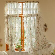 2pcs Vintage Camellia Flower & Ruffle Sheer Curtains, French Romantic Farmhouse Style Versatile Window Drapes For Living Room, Balcony, Bedroom And Sliding Door