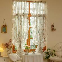 2pcs Vintage Camellia Flower & Ruffle Sheer Curtains, French Romantic Farmhouse Style Versatile Window Drapes For Living Room, Balcony, Bedroom And Sliding Door
