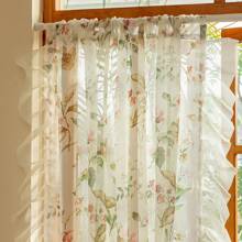 2pcs Vintage Camellia Flower & Ruffle Sheer Curtains, French Romantic Farmhouse Style Versatile Window Drapes For Living Room, Balcony, Bedroom And Sliding Door