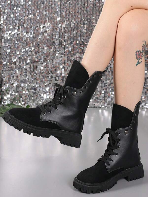 Vintage  Boots Women 2024 Autumn New British Thick Bottom Mid-Calf Lace-Up Cargo Boots Motorcycle Short Boots