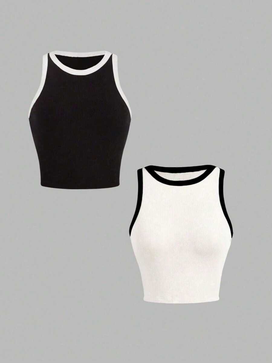 Set Of 2 Two-Tone Ribbed Tank Tops - 黑與白 - 查看 1