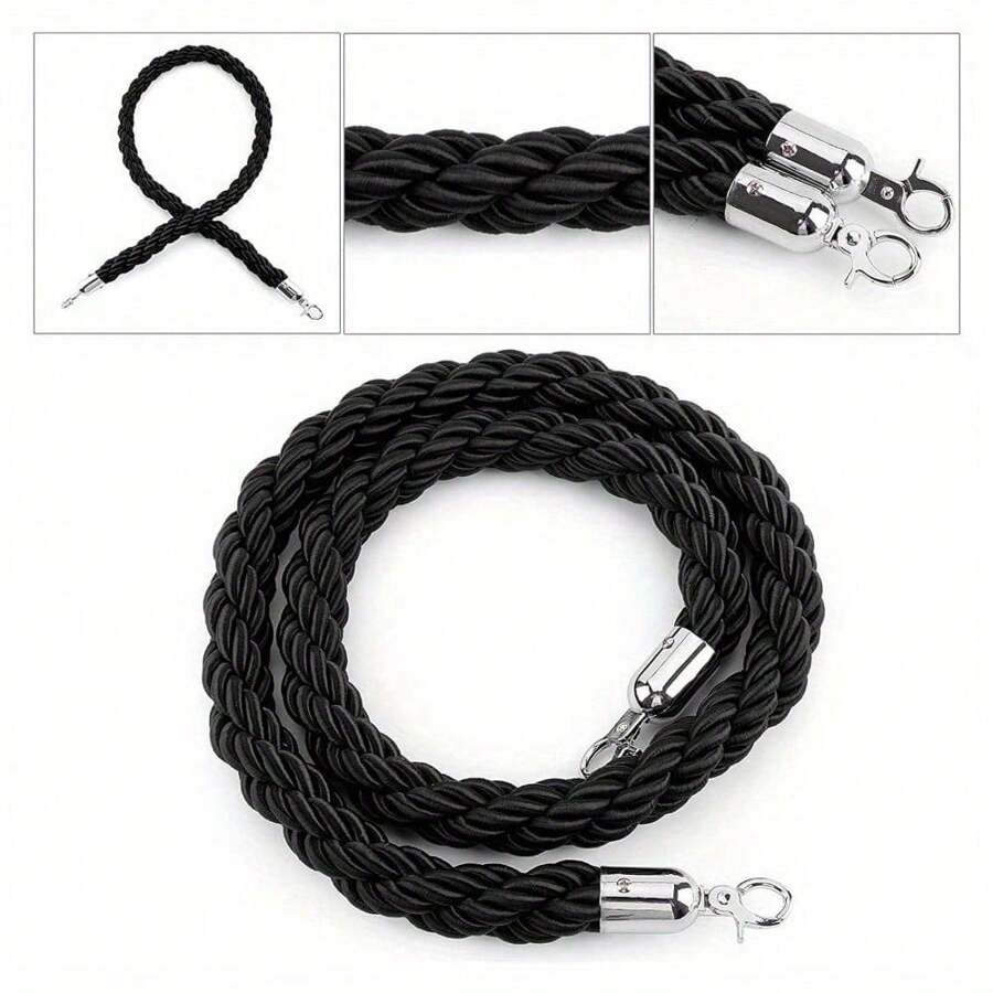 1.5M Twisted Queue Rope Barrier Post Stand Divider Crowd Control Stanchion For Clubs Hotel Bank Hospital (Black) - Black - View 1