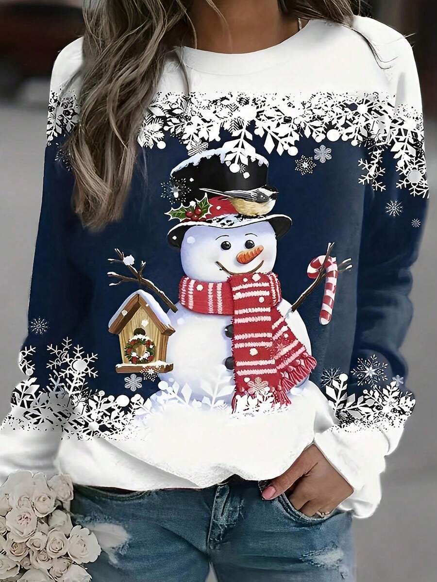 Women's Christmas Print Crew Neck Long Sleeve Sweatshirt - Blue - View 1