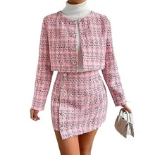 Torera y falda conjunto femenino botones decorativos ajuste elegante - Rosa Pálido - Ver 3