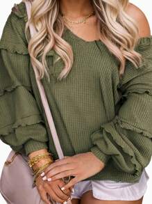 Women's V Neck Long Sleeve Blouse Loose Fit Ruffles Off Shoulder Knit Solid Tops T-Shirts - 軍綠色 - 查看 4